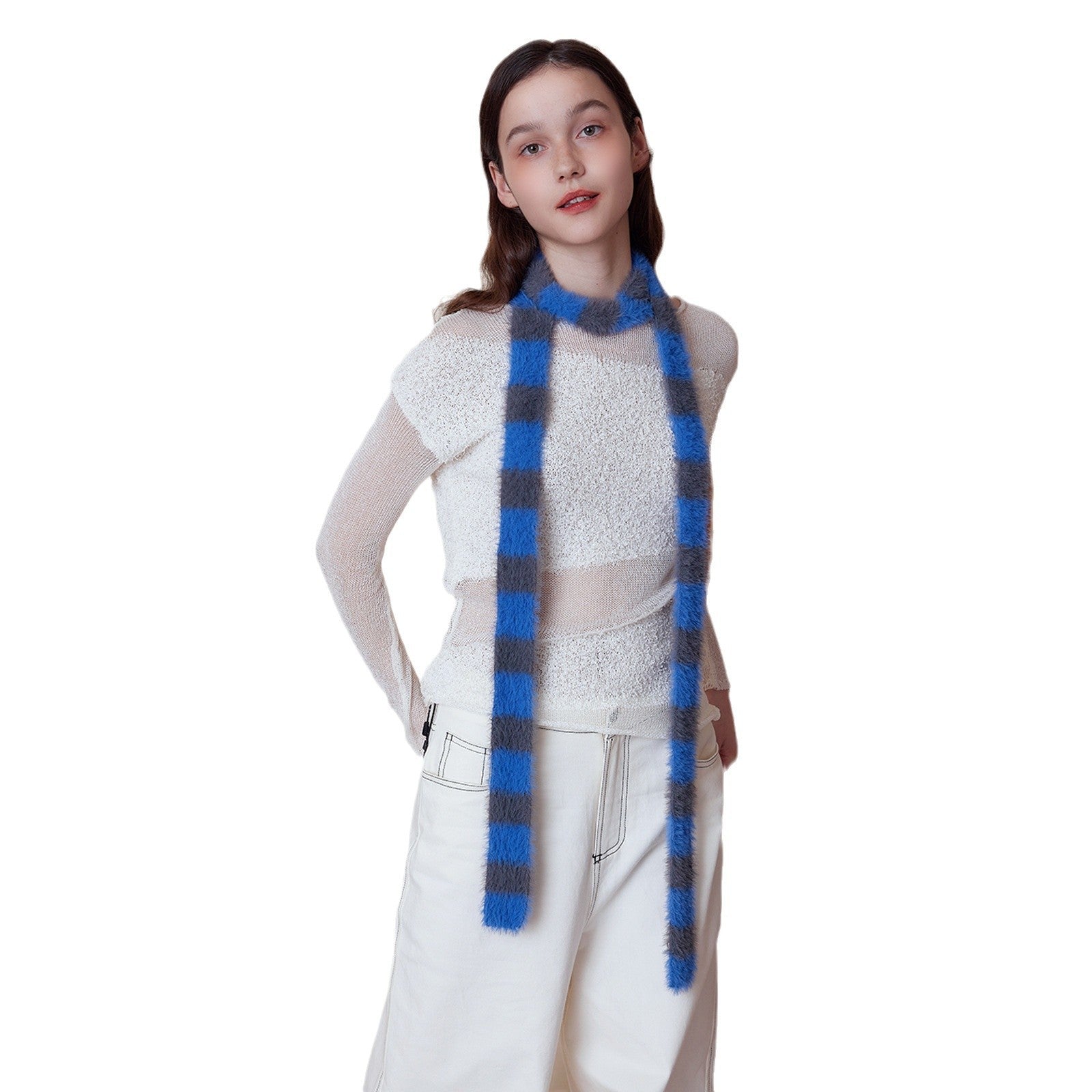 Blue Fluffy Knitted Scarf women Accessory