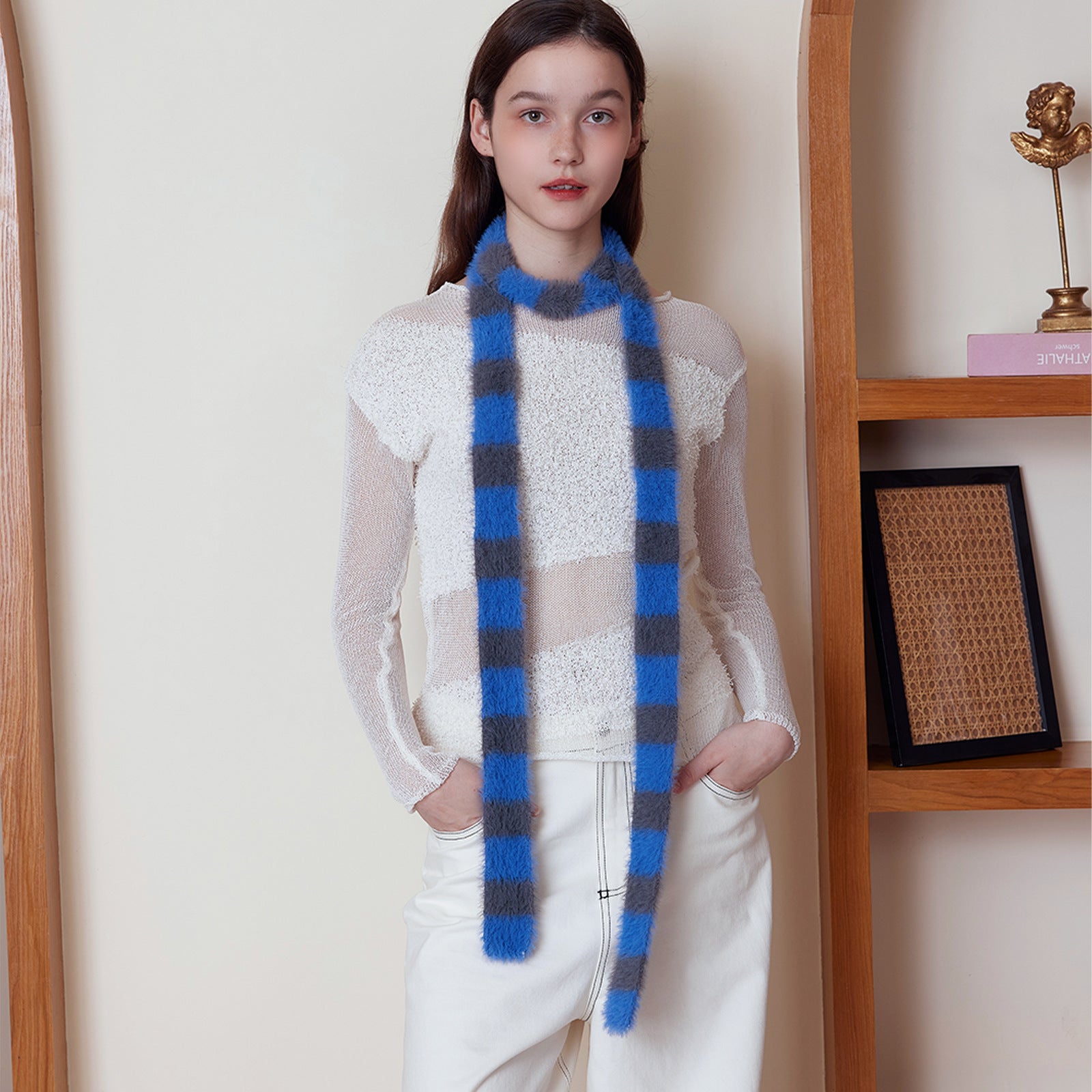 Blue Fluffy Knitted Scarf women Accessory