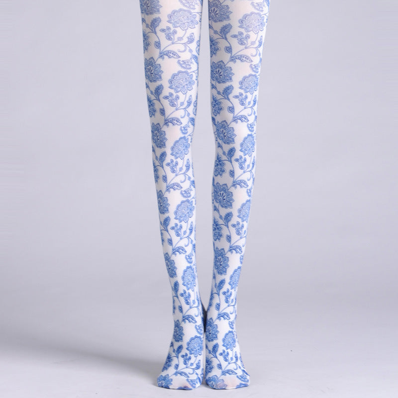 Blue and White Porcelain Tights with high elasticity and compression,shaping fit and ideal for weddings, parties, ethnic outfits, and street fashion