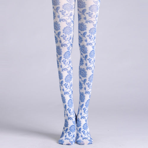 Blue and White Porcelain Tights with high elasticity and compression,shaping fit and ideal for weddings, parties, ethnic outfits, and street fashion