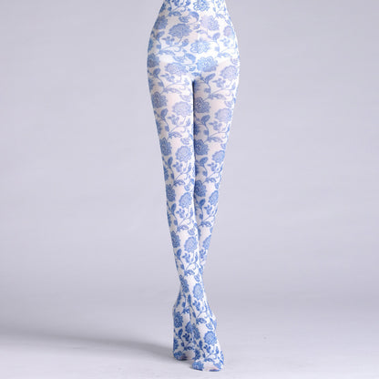 Blue and White Porcelain Tights with high elasticity and compression,shaping fit and ideal for weddings, parties, ethnic outfits, and street fashion
