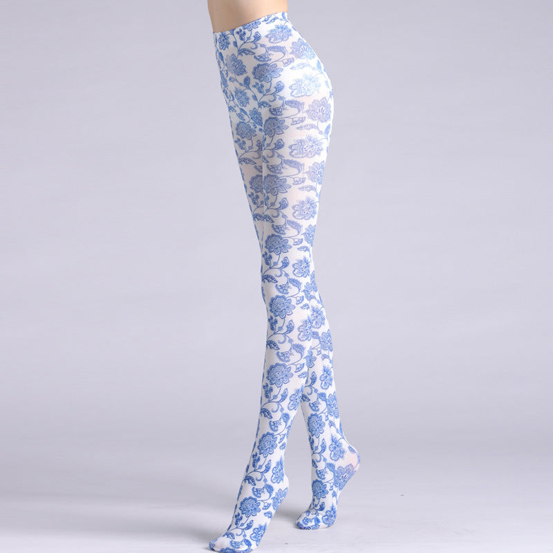 Blue and White Porcelain Tights with high elasticity and compression,shaping fit and ideal for weddings, parties, ethnic outfits, and street fashion