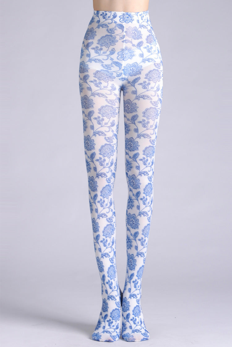 Blue and White Porcelain Tights with high elasticity and compression,shaping fit and ideal for weddings, parties, ethnic outfits, and street fashion