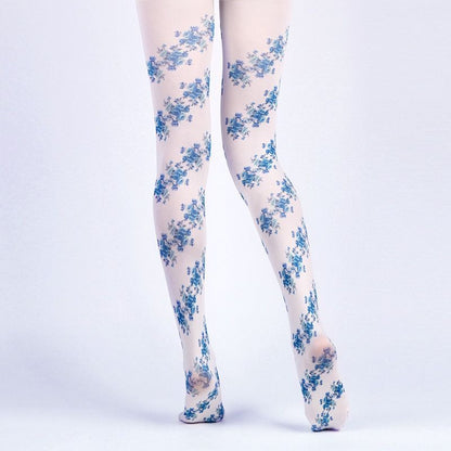 Vintage-Inspired Blue Floral Tights with high elasticity and compression,shaping fit and ideal for weddings, parties, ethnic outfits, and street fashion