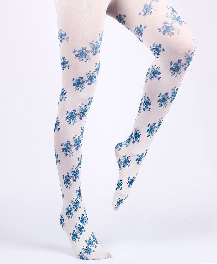 Vintage-Inspired Blue Floral Tights with high elasticity and compression,shaping fit and ideal for weddings, parties, ethnic outfits, and street fashion