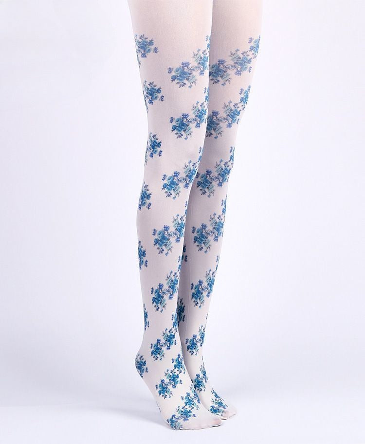 Vintage-Inspired Blue Floral Tights with high elasticity and compression,shaping fit and ideal for weddings, parties, ethnic outfits, and street fashion