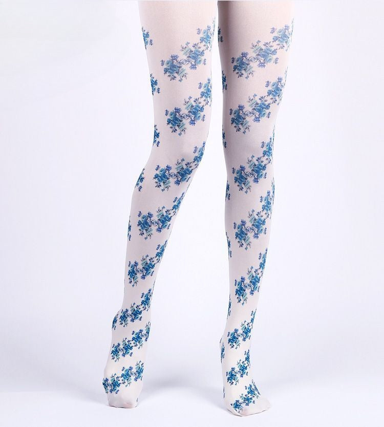 Vintage-Inspired Blue Floral Tights with high elasticity and compression,shaping fit and ideal for weddings, parties, ethnic outfits, and street fashion
