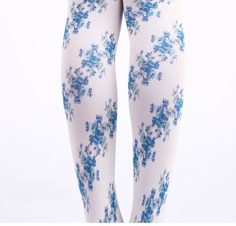 Vintage-Inspired Blue Floral Tights with high elasticity and compression,shaping fit and ideal for weddings, parties, ethnic outfits, and street fashion