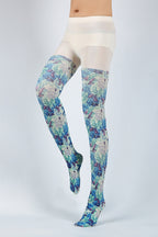 Retro Style Blue Floral Tights with high elasticity and compression,shaping fit and ideal for weddings, parties, ethnic outfits, and street fashion