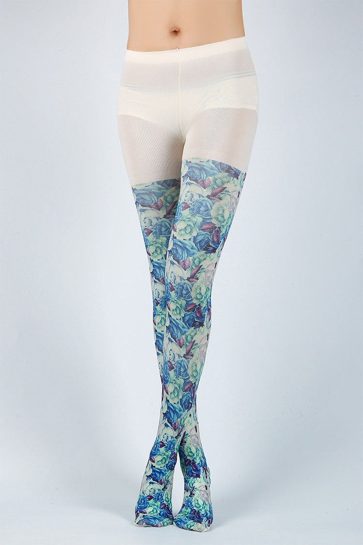 Retro Style Blue Floral Tights with high elasticity and compression,shaping fit and ideal for weddings, parties, ethnic outfits, and street fashion