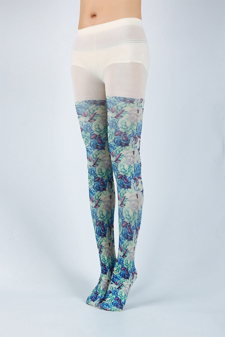 Retro Style Blue Floral Tights with high elasticity and compression,shaping fit and ideal for weddings, parties, ethnic outfits, and street fashion