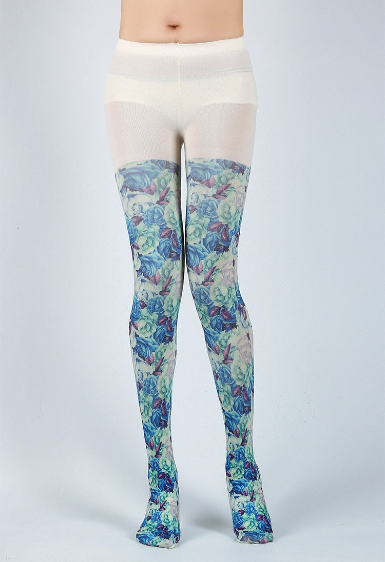 Retro Style Blue Floral Tights with high elasticity and compression,shaping fit and ideal for weddings, parties, ethnic outfits, and street fashion