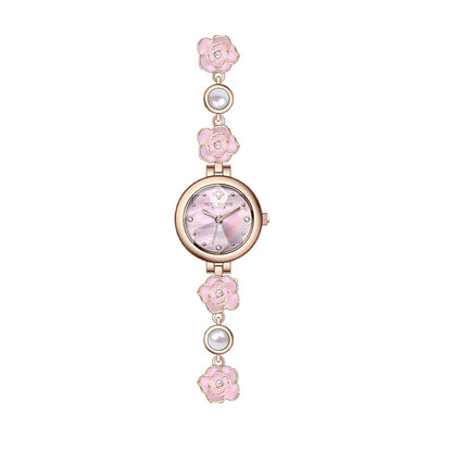 Rose gold camellia bracelet watch with a pink dial and pearly beads
