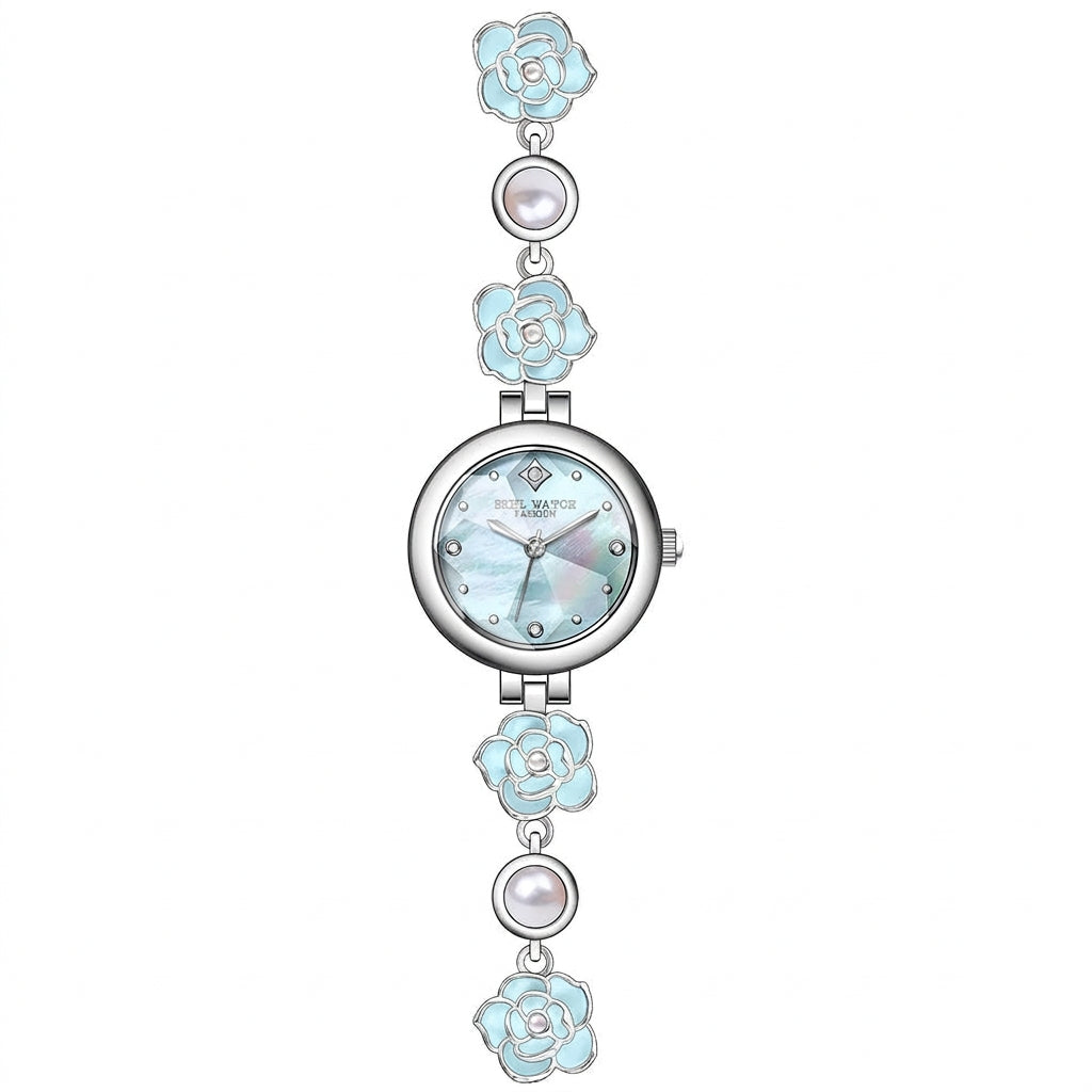 Silver camellia bracelet watch with blue flowers and a blue dial