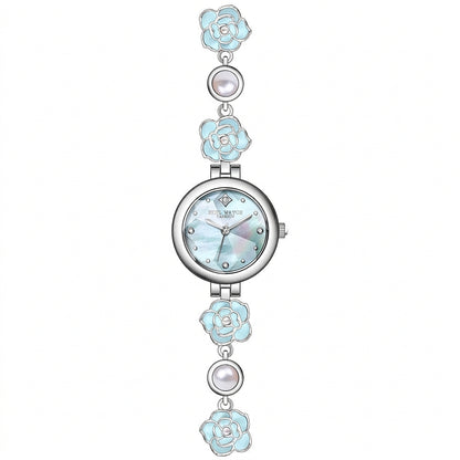 Silver camellia bracelet watch with blue flowers and a blue dial
