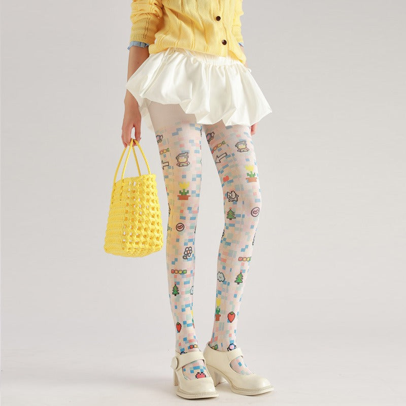 Cartoon Pixel Print Tights with high elasticity and shaping fit, suitable for events, cosplay, street style, and gifting girls at Christmas