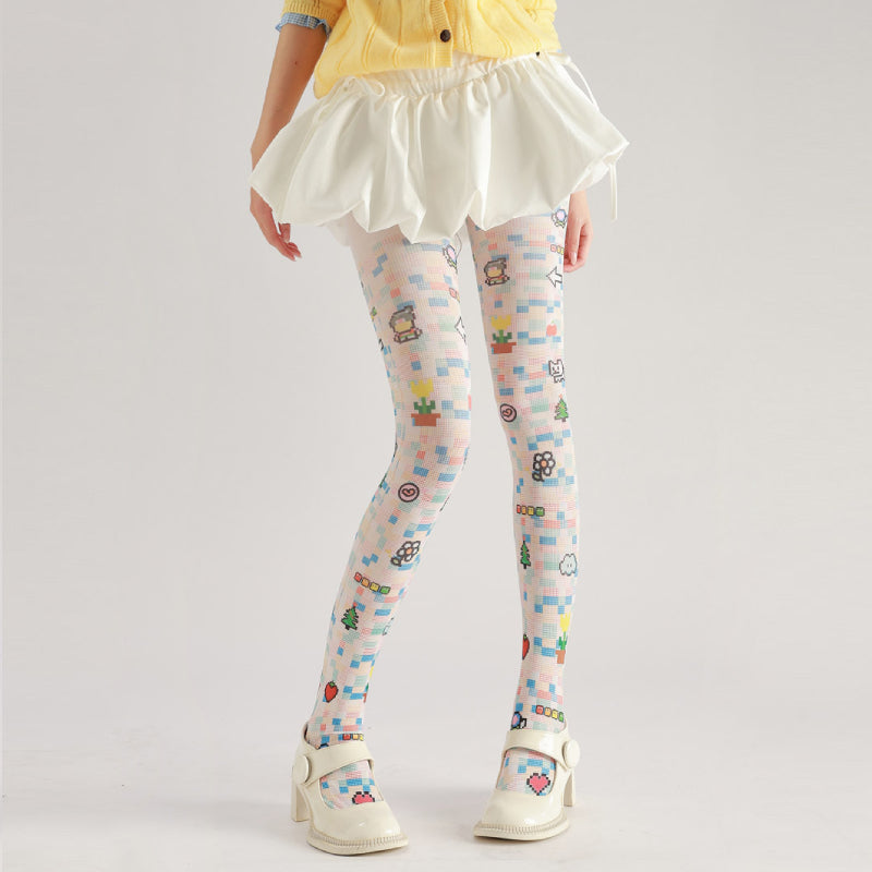Cartoon Pixel Print Tights with high elasticity and shaping fit, suitable for events, cosplay, street style, and gifting girls at Christmas
