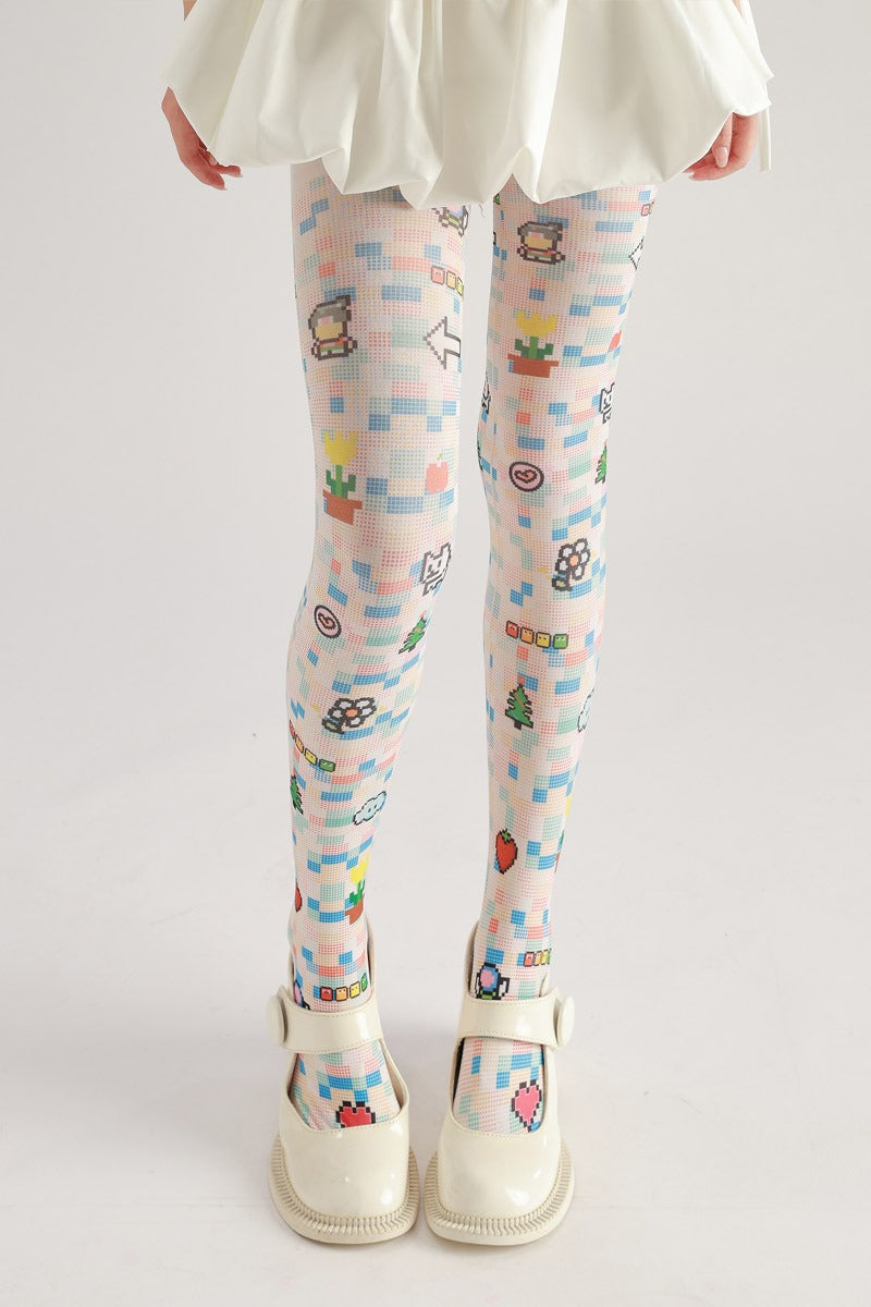 Cartoon Pixel Print Tights with high elasticity and shaping fit, suitable for events, cosplay, street style, and gifting girls at Christmas