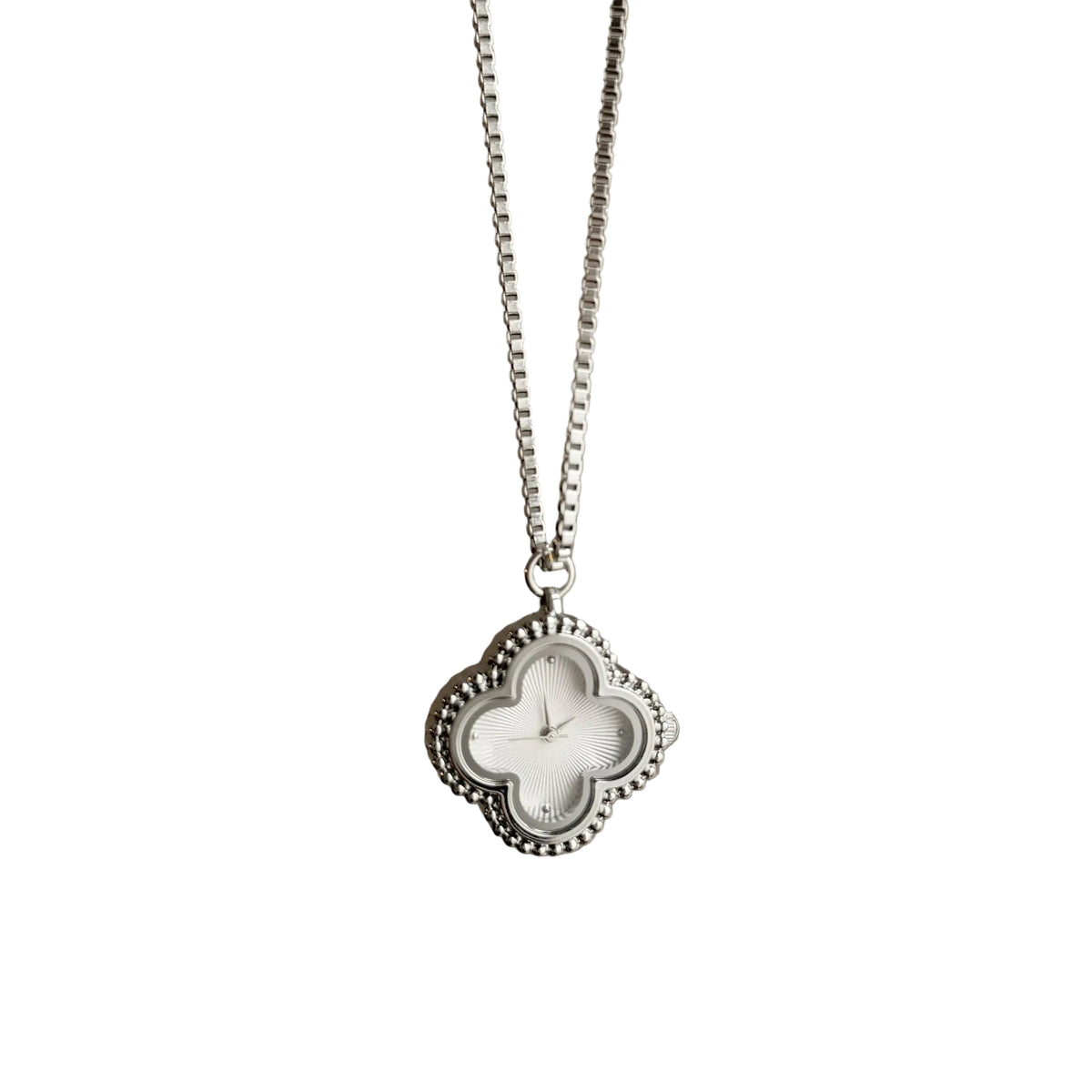 Silver clover pendant necklace watch with a white clover dial on a box chain