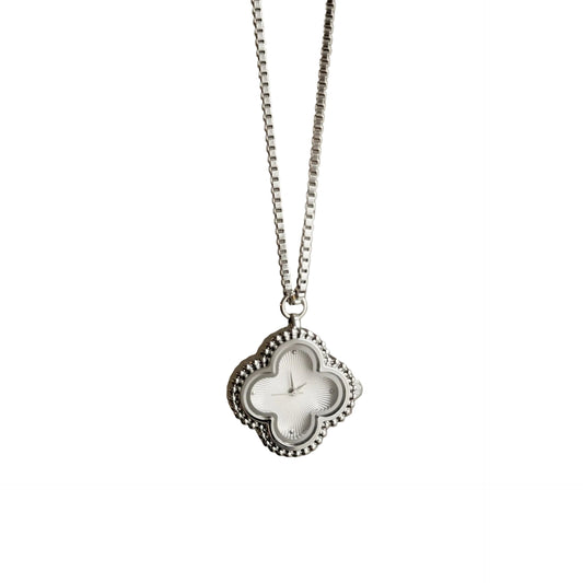 Silver clover pendant necklace watch with a white clover dial on a box chain