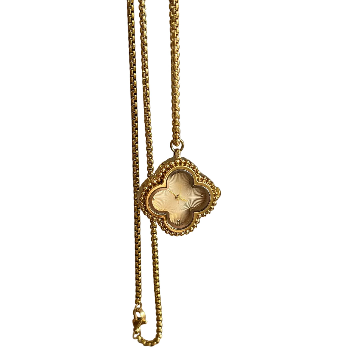 Gold clover pendant necklace watch with a cream clover dial on a box chain