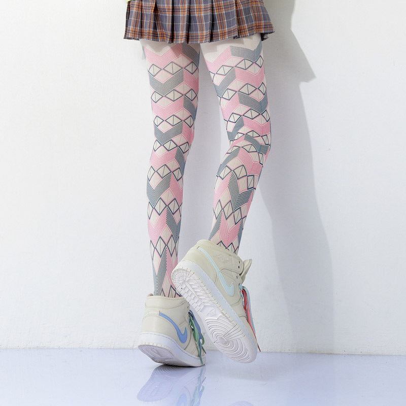 Colored Geometric  Checked Tights