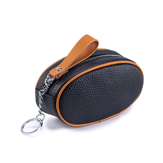 Colour-Contrast Leather Keychain Wallet – Mini Cowhide Coin & Card Bag