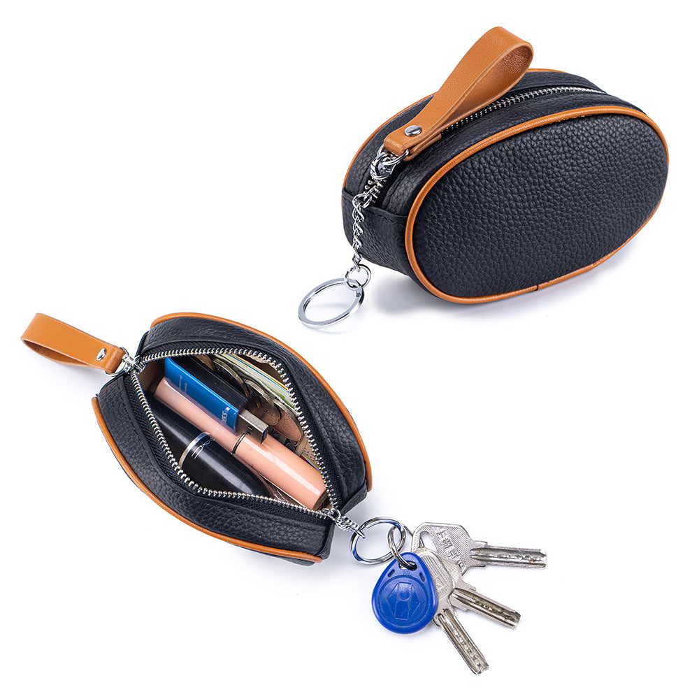 Colour-Contrast Leather Keychain Wallet – Mini Cowhide Coin & Card Bag