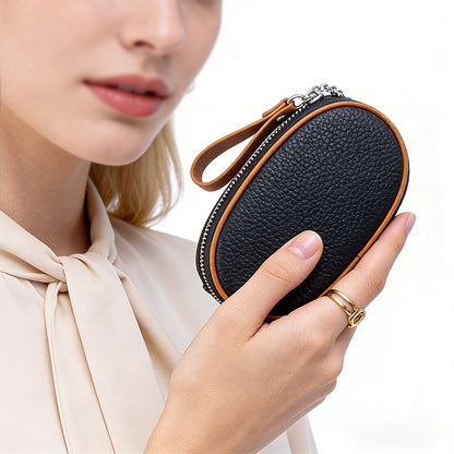 Colour-Contrast Leather Keychain Wallet – Mini Cowhide Coin & Card Bag