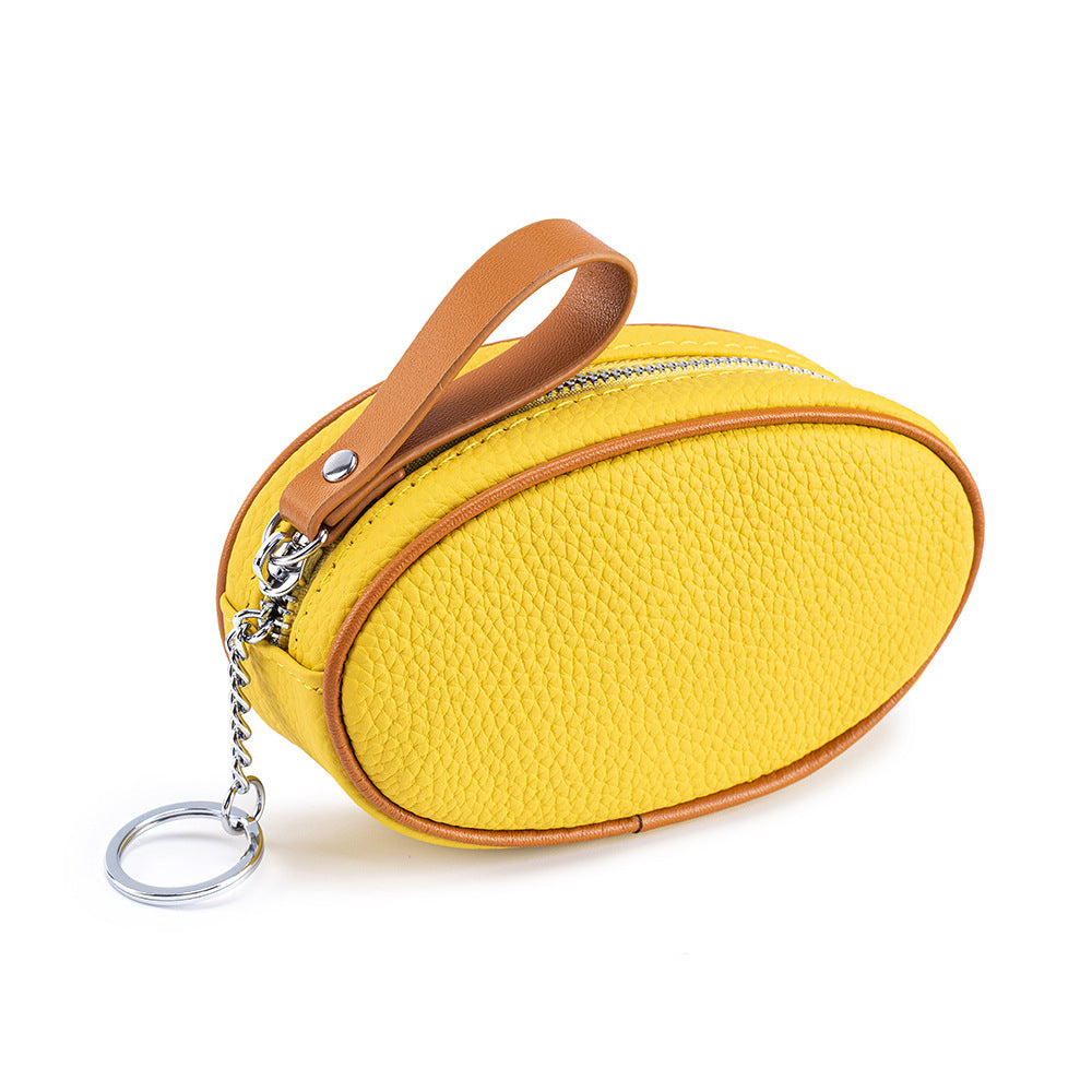 Colour-Contrast Leather Keychain Wallet – Mini Cowhide Coin & Card Bag