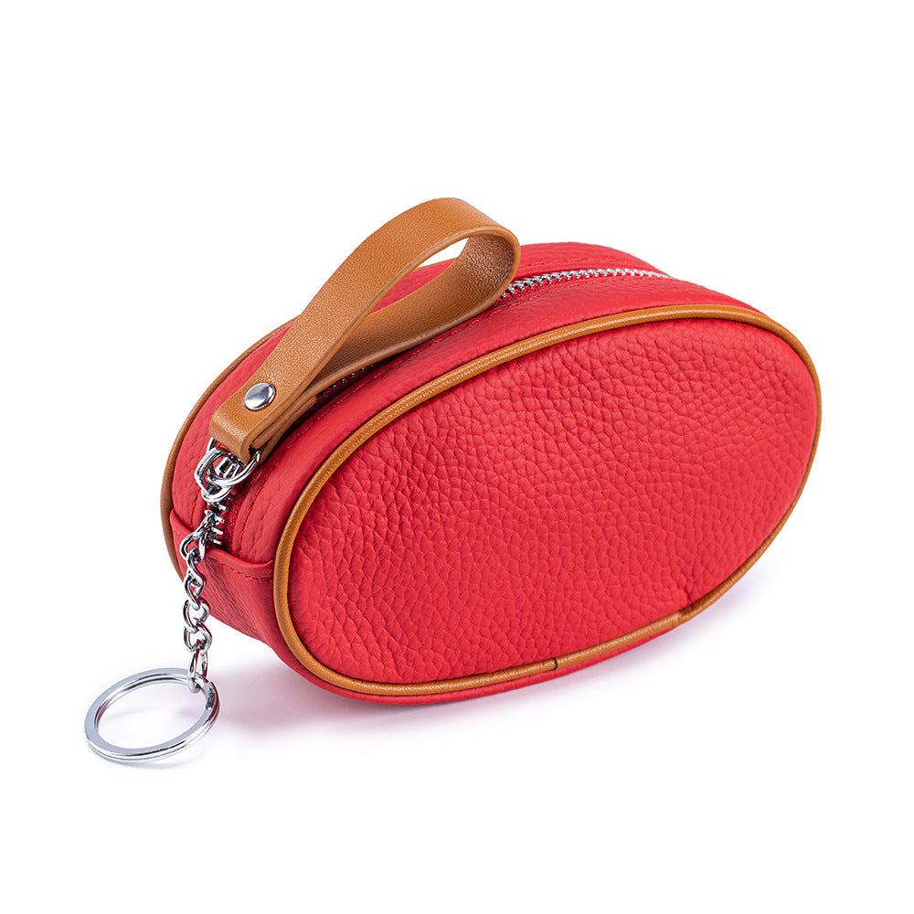 Colour-Contrast Leather Keychain Wallet – Mini Cowhide Coin & Card Bag