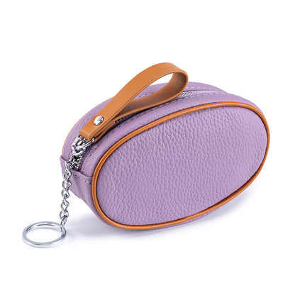 Colour-Contrast Leather Keychain Wallet – Mini Cowhide Coin & Card Bag