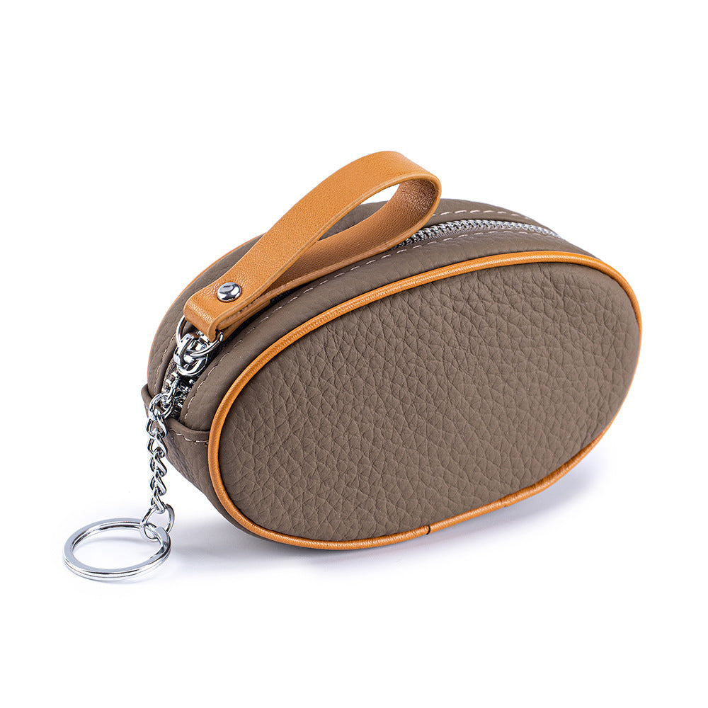 Colour-Contrast Leather Keychain Wallet – Mini Cowhide Coin & Card Bag
