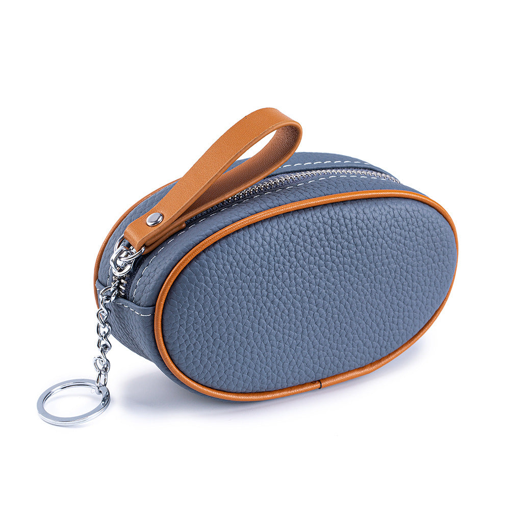 Colour-Contrast Leather Keychain Wallet – Mini Cowhide Coin & Card Bag