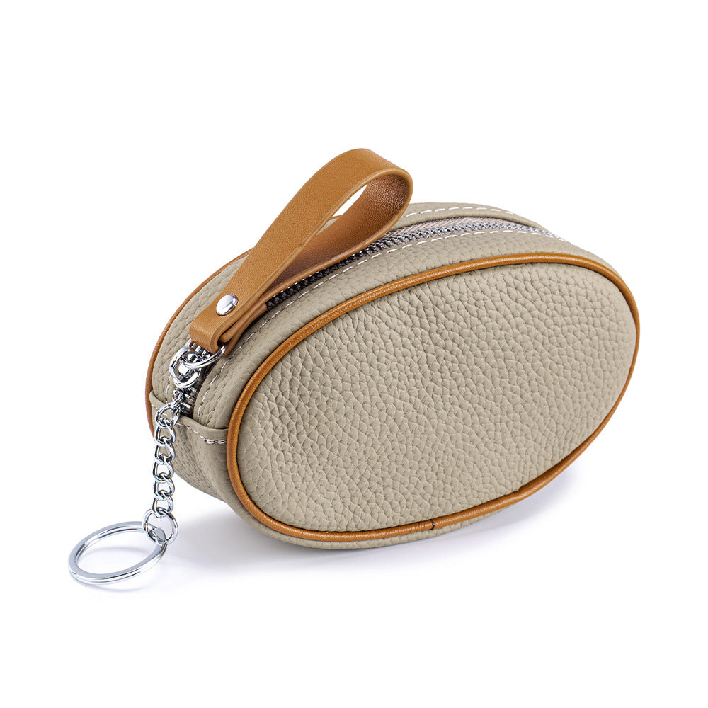 Colour-Contrast Leather Keychain Wallet – Mini Cowhide Coin & Card Bag