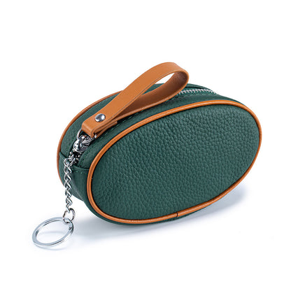 Colour-Contrast Leather Keychain Wallet – Mini Cowhide Coin & Card Bag
