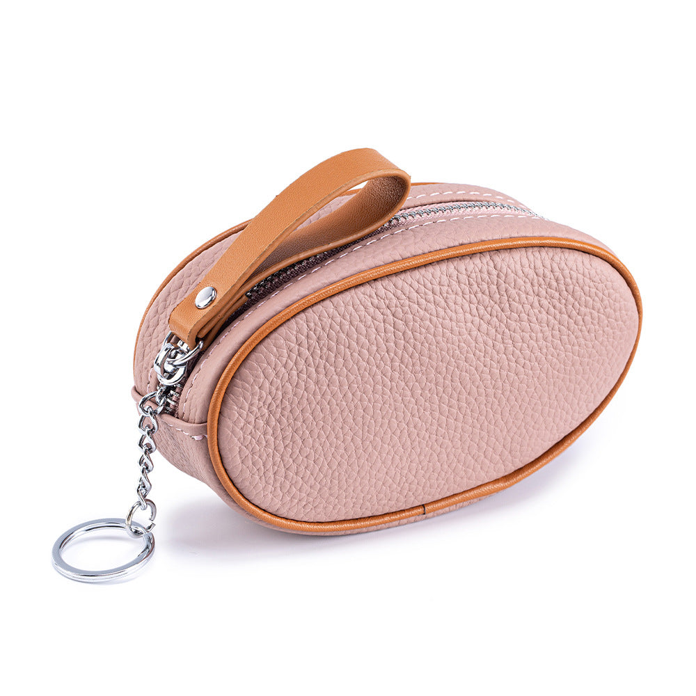 Colour-Contrast Leather Keychain Wallet – Mini Cowhide Coin & Card Bag