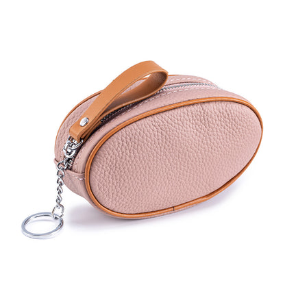 Colour-Contrast Leather Keychain Wallet – Mini Cowhide Coin & Card Bag