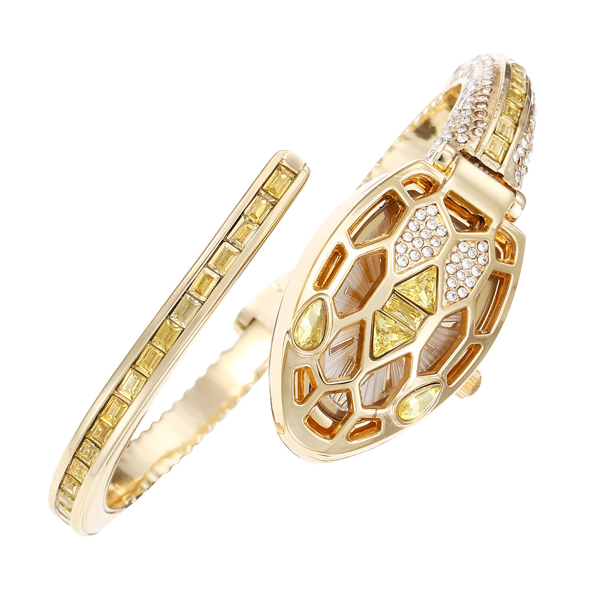 Gold snake-head bangle watch set with yellow crystals