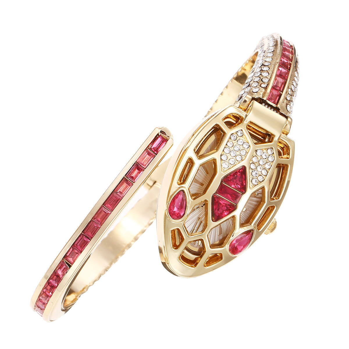 Gold snake-head bangle watch set with red crystals