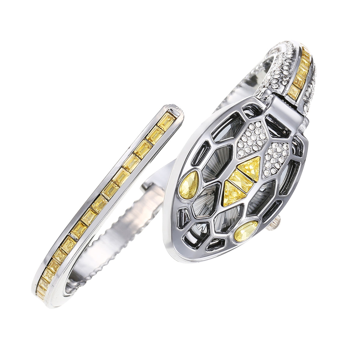 Silver snake-head bangle watch set with yellow crystals