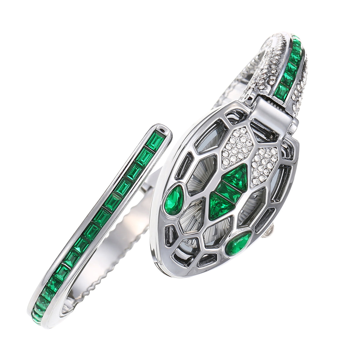 Silver snake-head bangle watch with green crystals and a hinged openwork lid
