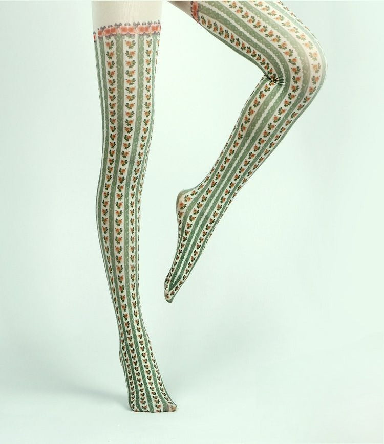 Green Cottage Floral Tights with high elasticity and compression,shaping fit and ideal for weddings, parties, ethnic outfits, and street fashion