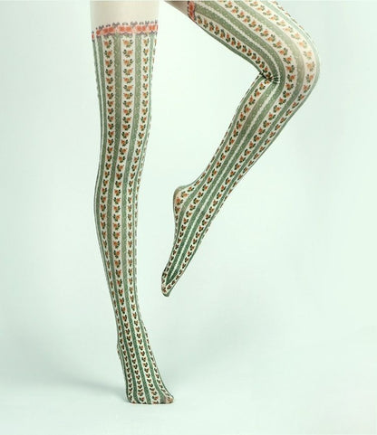 Green Cottage Floral Tights with high elasticity and compression,shaping fit and ideal for weddings, parties, ethnic outfits, and street fashion