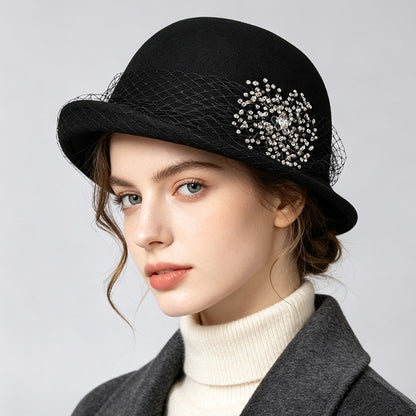 French Cloche Hat - Retro Winter Fedora with Mesh Veil-Grainvity