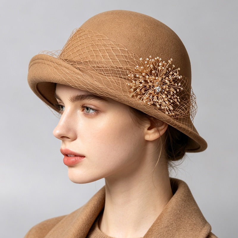 French Cloche Hat - Retro Winter Fedora with Mesh Veil-Grainvity