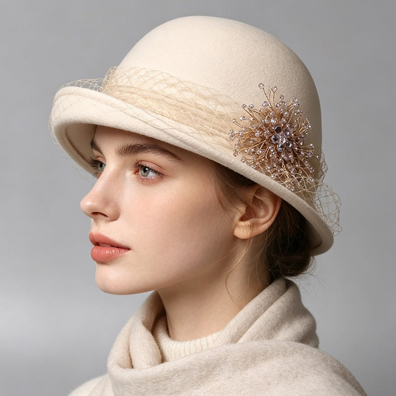 French Cloche Hat - Retro Winter Fedora with Mesh Veil-Grainvity