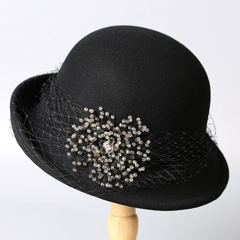 French Cloche Hat - Retro Winter Fedora with Mesh Veil-Grainvity