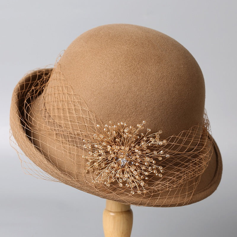 French Cloche Hat - Retro Winter Fedora with Mesh Veil-Grainvity