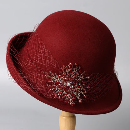 French Cloche Hat - Retro Winter Fedora with Mesh Veil-Grainvity